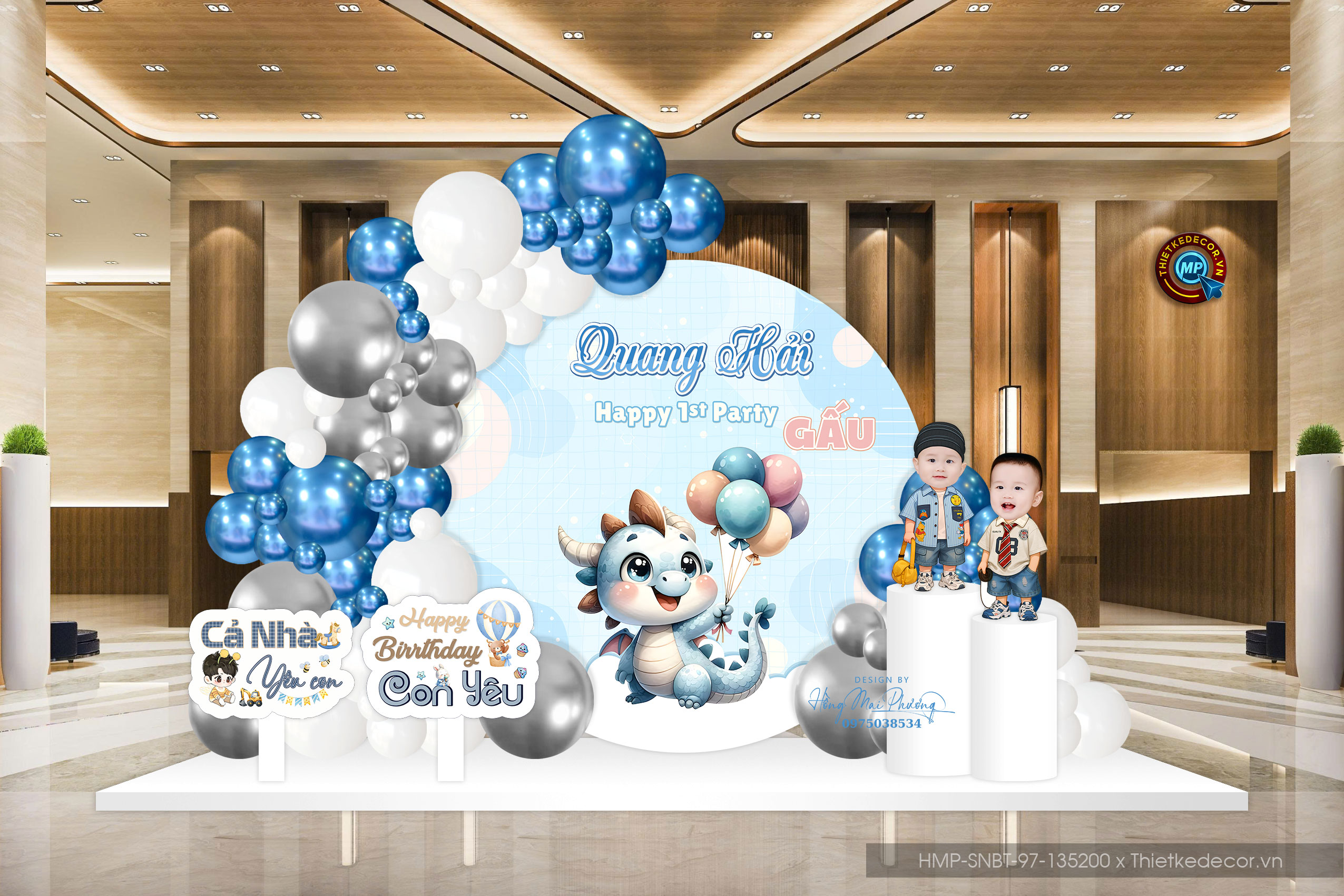 Trang trí tiệc sinh nhật. File thiết kế Backdrop sinh nhật bé trai tone xanh tuổi rồng.